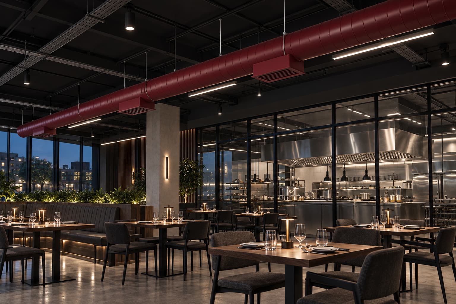 Restaurant hall with an oxblood duct under a dark ceiling, kitchen behind glass