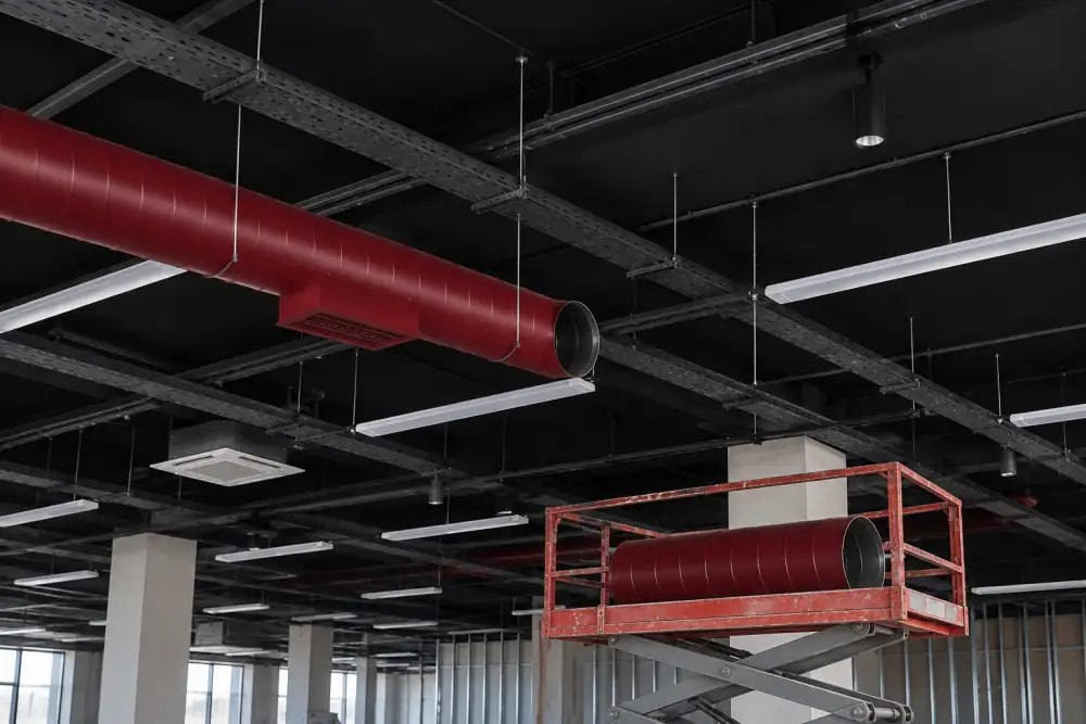Ductwork being installed under a ceiling: one section hung on rods, the next waiting on a lift