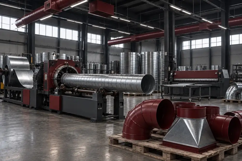 Duct workshop: a spiral duct forming machine and fittings on a pallet